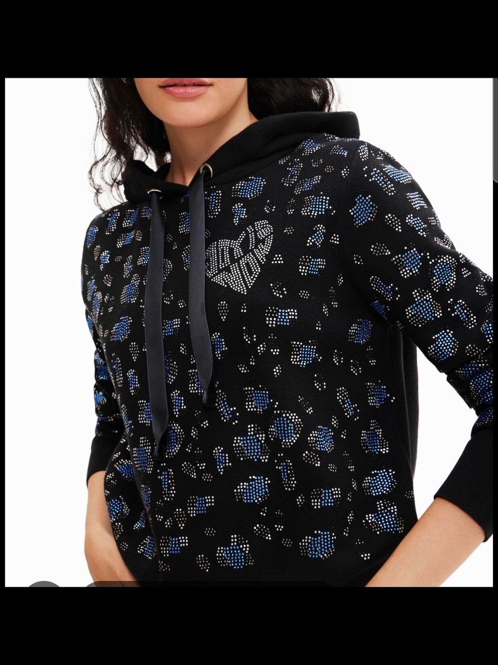 Desigual Black Hoodie with Blue Crystal Leopard and Heart Detail